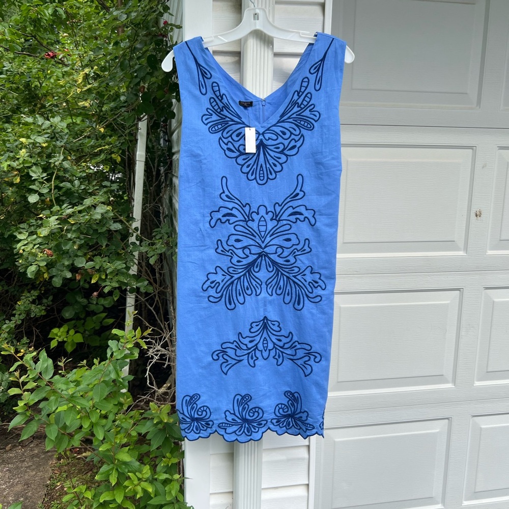 NWT Talbots Gorgeous Blue Navy Orchid Embroidery V-Neck Cotton Lined Dress